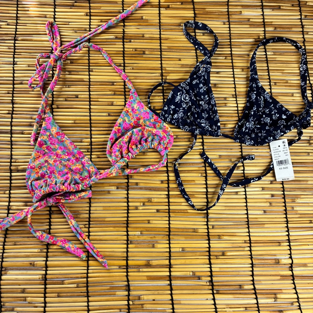 PacSun Swim‎ Eco Floral Triangle Bikini Tops Bundle Navy Pink XS S